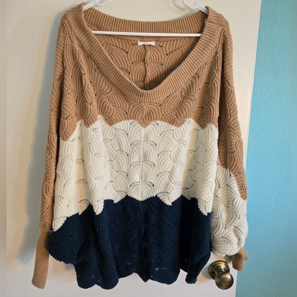 Chic Soul V-Neck Knit Sweater in Tan, Cream & Navy Size 1X
